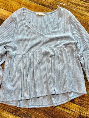 SO Light Blue Ribbed V-Neck Peplum Long Sleeve Top